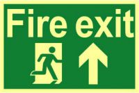 'Fire Exit Running Man Arrow Up' Sign, 1.3mm Rigid Self Adhesive Photoluminescent (300mm x 200mm)