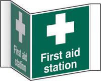 First Aid Station Projection Sign (200mm face). Manufactured from strong rigid PVC and is non-adhesive; 0.8mm thick.