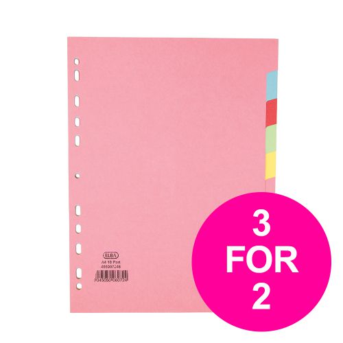 Elba Subject Card Dividers Europunched 10 Part 160gsm A4 Assorted Ref 400007246 [3 For 2] Jan-Dec 2020
