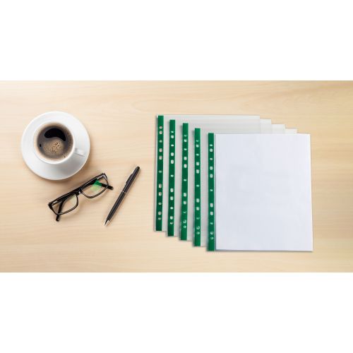 Elba Punched Pockets Glass Clear Green Strip A4 Ref 400002137_XX1220 [Pack 100] [2 for 1] Jan 12/20