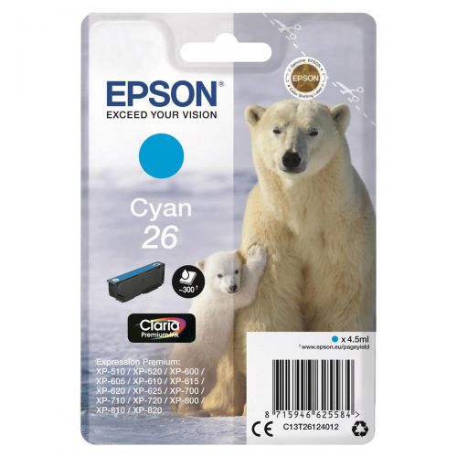 Epson 26 Inkjet Cartridge Polar Bear Page Life 300pp 4.5ml Cyan Ref C13T26124012