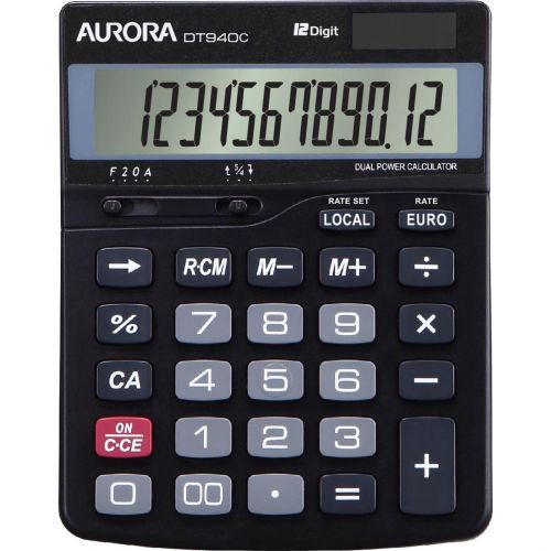 Aurora Semi-desk Calculator 12 Digit 3 Key Memory Battery/Solar Power 115x33x145mm Black Ref DT940C