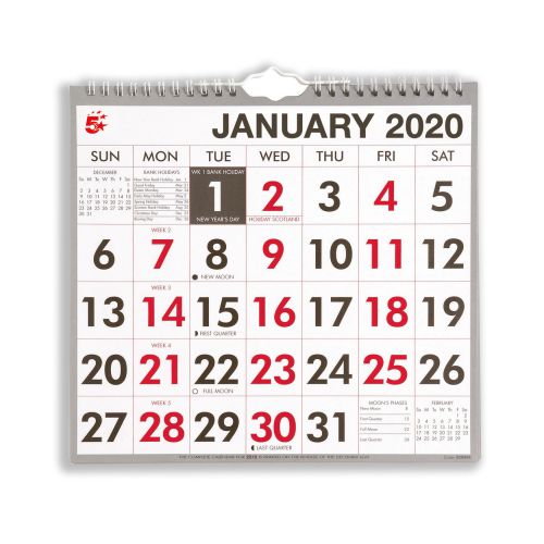5 Star Office 2020 Wall Calendar Month to View Wirebound 135gsm Paper 249x231mm White/Red
