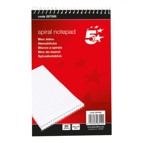 5 Star Office Spiral Note Pad 80 Leaf Single Ref 297595