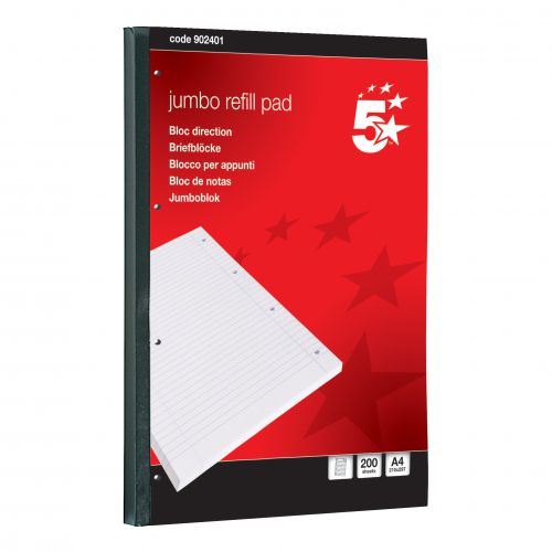 5 Star Office Jumbo Pad Feint Sidebound Ruled with Margin 60gsm 4-Hole Punched 400pg A4 [Pack 4]