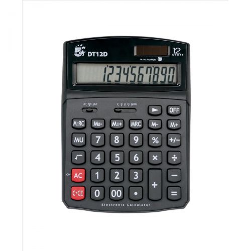 5 Star Office Desktop Calculator 12 Digit 2x3 Key Memory Battery/Solar Power 91x11x125mm Black