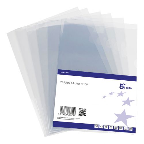 5 Star Elite Cut Flush Folders PVC 135 Micron A4 Glass Clear [Pack 100]