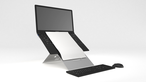 ST10411X | Ergonomic laptop stand with retractable in-line document holder for business comfort and pain-free work.It has been specially developed to fit laptops with limited opening angles for their displays such as the MacBook and related . The height adjustable design allows Oryx evo E to raise the laptop to a comfortable working position. A versatile ergonomic accessory designed to comply with European health & safety regulations.Created with the user in mind: instant setup and pack away, lightweight and thin for true mobility, easily adjustable screen elevation and inclination.Refined design, minimalist but very sturdy, guaranteed against malfunction for life.