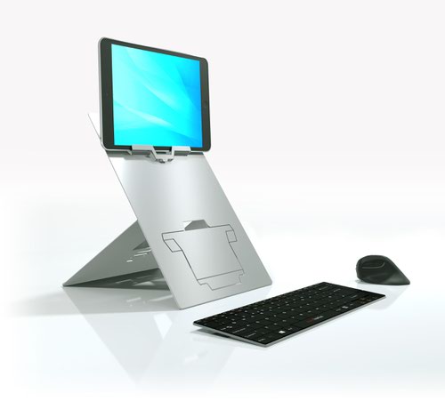 ST10411P | 2 in 1 hybrid ergonomic laptop and tablet stand with retractable in-line document holder for business comfort and pain-free work.It has been specially developed to fit both laptops and tablets allowing ergonomic work on both machines. The height adjustable design allows Oryx PRO to raise the laptop or tablet to a comfortable working position. A versatile ergonomic accessory designed to comply with European health & safety regulations.Created with the user in mind: instant setup and pack away, lightweight and thin for true mobility, easily adjustable screen elevation and inclination.Refined design, minimalist but very sturdy, guaranteed against malfunction for life.
