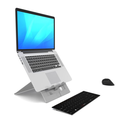 ST10601 | Ergonomic laptop stand for business comfort and pain-free work.It has been developed to fit the majority of the laptops available on the market. The height adjustable design allows the stand·art to raise the laptop to a comfortable working position. A versatile ergonomic accessory designed to comply with European health & safety regulations.Created with the user in mind: instant setup and pack away, lightweight and thin for true mobility, easily adjustable screen elevation and inclination.Refined design, minimalist but very sturdy, guaranteed against malfunction for life.
