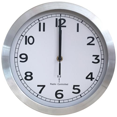Office wall clock with aluminium effect plastic case and white face. Radio controlled to provide split second accuracy. Hour, minute and second hands