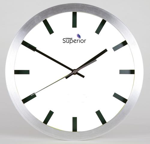 Striking aluminium effect plastic case clock with white face. Hour, minute and second hands.