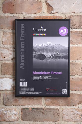 27054SS | Classic and elegant black aluminium frame that can either be hung portrait or landscape and is ideal for displaying prints, photos, posters, certificates, etc.Complete with perspex safety glass which is flexible and resistant to breakages.