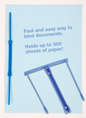 Fast and easy way to bind documents. Blue plastic two-piece filing clip.