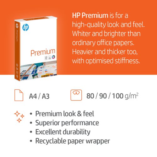 60740PC | Whiter and brighter than ordinary office papers, HP Premium offers a superior look with a whiteness of 168 CIE. Heavier and thicker, with optimized stiffness, available in A4 and A3 sizes, 80-100gsm. Ideal for professional documents. Recyclable paper wrapper.