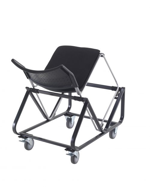 A black metal-framed trolley with large castors, designed to carry up to 25 Twilight chairs. Perfect for environments such as school halls, where chairs need to be moved and stacked frequently.