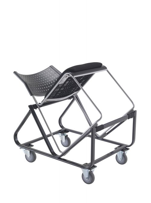 A black metal-framed trolley with large castors, designed to carry up to 25 Twilight chairs. Perfect for environments such as school halls, where chairs need to be moved and stacked frequently.