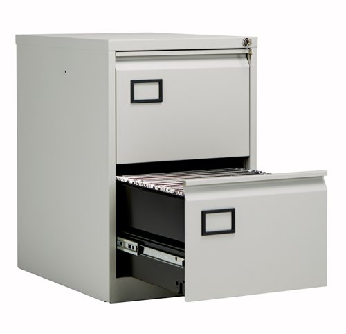 AOC2G/G | The Bisley 2 Drawer Contract Steel Filing Cabinet is the perfect solution for your office storage needs. Fitted with recessed handles and a central locking system, this filing cabinet ensures the safety and security of your important documents. The anti-tilt feature prevents more than one drawer from being opened at a time, reducing the risk of accidents. The cabinet is supplied with 2 deep drawers, providing ample space for all your files and paperwork. Made from high-quality steel, this filing cabinet is durable and built to last. With its sleek design and practical features, the Bisley 2 Drawer Contract Steel Filing Cabinet is a must-have for any modern office.