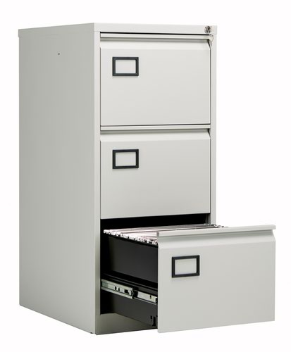 AOC3G/G | The Bisley 3 Drawer Contract Steel Filing Cabinet is the perfect solution for your office storage needs. With its recessed handles and central locking system, you can be sure that your documents are safe and secure. The anti-tilt feature prevents more than one drawer from being opened at a time, ensuring that your cabinet remains stable. The cabinet is supplied with 3 deep drawers, providing ample space for all your files and documents. Made from high-quality steel, this filing cabinet is built to last and is a great investment for any office. With its sleek design and practical features, the Bisley 3 Drawer Contract Steel Filing Cabinet is a must-have for any modern workplace.
