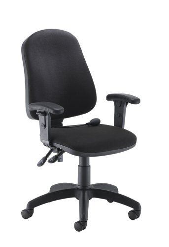 The Calypso Ergo 2 Lever Office Chair. With its 'permanent contact back' mechanism, this office chair provides maximum comfort and support for long hours of sitting. The deep cushioned seat and upholstered office chair fabric ensure a comfortable seating experience. The high back office chair provides additional support for the neck and shoulders. The lumbar pump and adjustable arms allow for customizable support to fit your individual needs. Made with 100% man-made office chair fabric, this chair is durable and easy to clean. Invest in the Calypso Ergo 2 Lever Office Chair for a comfortable and productive workday.