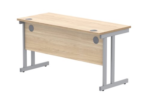 Office Rectangular Desk With Steel Double Upright Cantilever Frame 1400X600 Canadian Oak/Silver