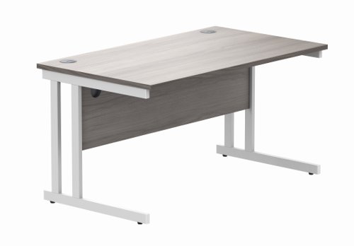 Office Rectangular Desk With Steel Double Upright Cantilever Frame 1400X800 Alaskan Grey Oak/White