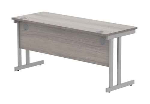 Office Rectangular Desk With Steel Double Upright Cantilever Frame 1600X600 Alaskan Grey Oak/Silver