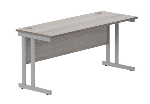 Office Rectangular Desk With Steel Double Upright Cantilever Frame 1600X600 Alaskan Grey Oak/Silver