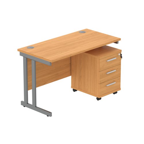 Double Upright Rectangular Desk + 3 Drawer Mobile Under Desk Pedestal (FSC) 1200X600 Norwegian Beech/Graphite