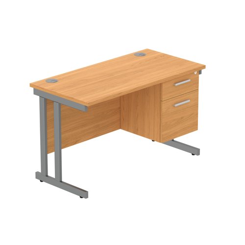 Office Rectangular Desk With Steel Double Upright Cantilever Legs + 2 Draw Fixed Pedestal   1200X600 Norwegian Beech/Graphite