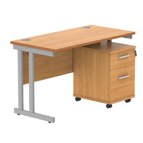 Double Upright Rectangular Desk + 2 Drawer Mobile Under Desk Pedestal 1200X600 Norwegian Beech/Silver