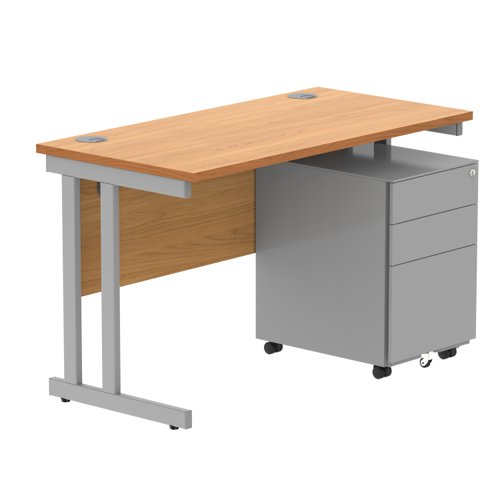 Double Upright Rectangular Desk + Under Desk Steel Pedestal 3 Drawers 1200X600 Norwegian Beech/Silver