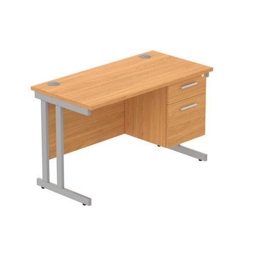 Office Rectangular Desk with Steel Double Upright Cantilever Legs + 2 Drawer Fixed Pedestal (FSC) 1200X600 Norwegian Beech/Silver