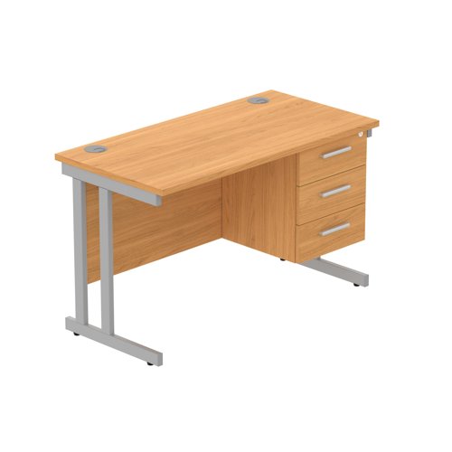 Office Rectangular Desk With Steel Double Upright Cantilever Legs + 3 Draw Fixed Pedestal   1200X600 Norwegian Beech/Silver