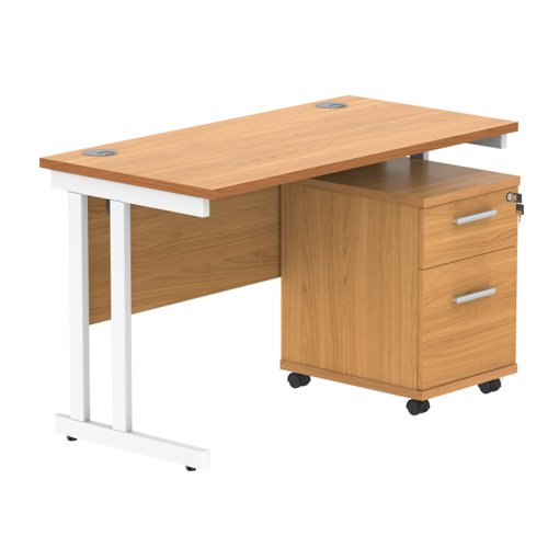Double Upright Rectangular Desk + 2 Drawer Mobile Under Desk Pedestal 1200X600 Norwegian Beech/White