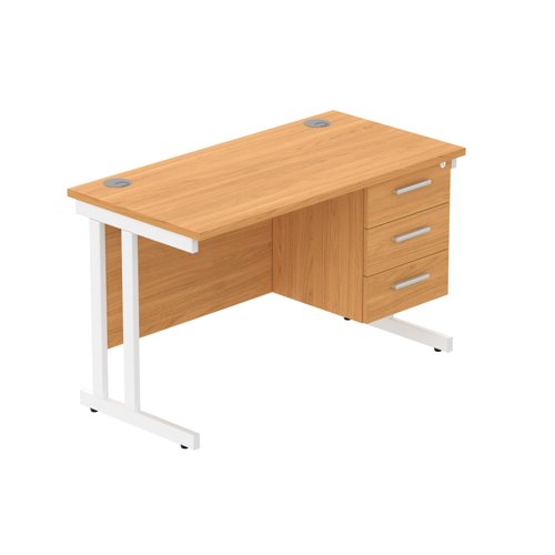 Office Rectangular Desk With Steel Double Upright Cantilever Legs + 3 Draw Fixed Pedestal   1200X600 Norwegian Beech/White