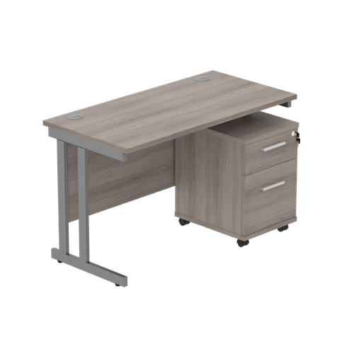 Double Upright Rectangular Desk + 2 Drawer Mobile Under Desk Pedestal  1200X600 Alaskan Grey Oak/Graphite