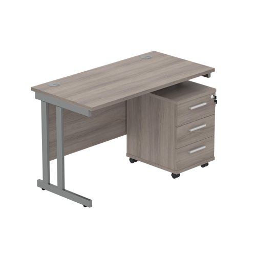 Double Upright Rectangular Desk + 3 Drawer Mobile Under Desk Pedestal (FSC) 1200X600 Alaskan Grey Oak/Graphite