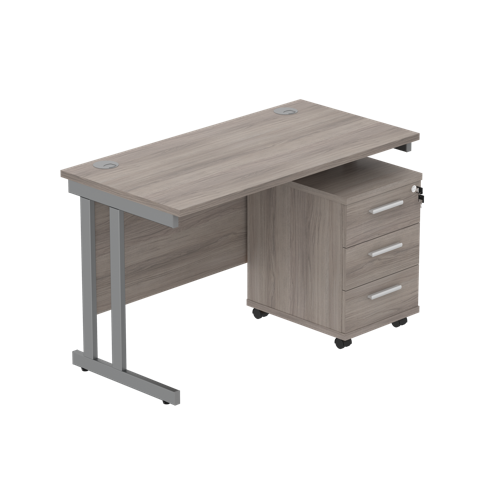 Double Upright Rectangular Desk + 3 Drawer Mobile Under Desk Pedestal  1200X600 Alaskan Grey Oak/Graphite