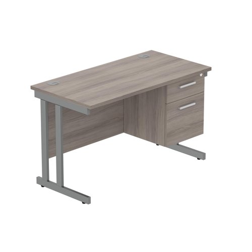 Office Rectangular Desk With Steel Double Upright Cantilever Legs + 2 Draw Fixed Pedestal   1200X600 Alaskan Grey Oak/Graphite