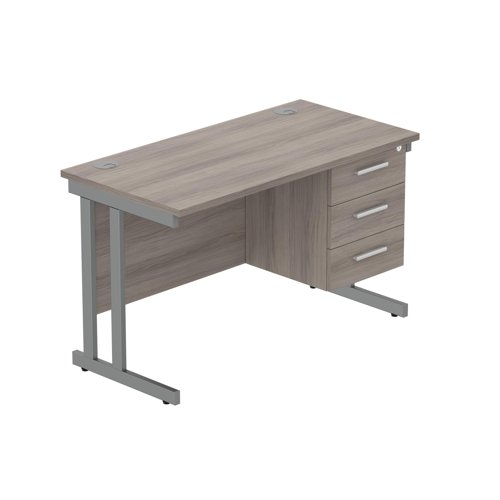 Office Rectangular Desk With Steel Double Upright Cantilever Legs + 3 Draw Fixed Pedestal   1200X600 Alaskan Grey Oak/Graphite