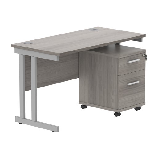 Double Upright Rectangular Desk + 2 Drawer Mobile Under Desk Pedestal 1200X600 Alaskan Grey Oak/Silver