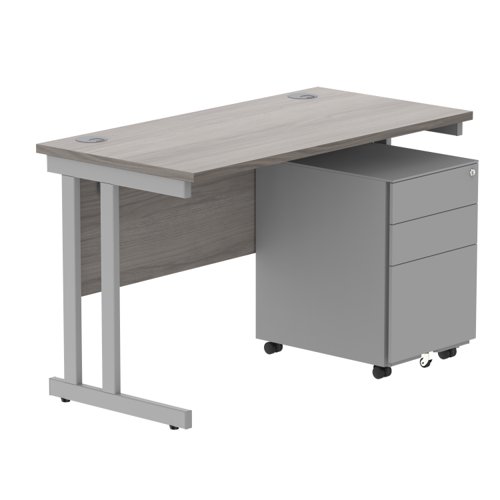 Double Upright Rectangular Desk + Under Desk Steel Pedestal 3 Drawers 1200X600 Alaskan Grey Oak/Silver