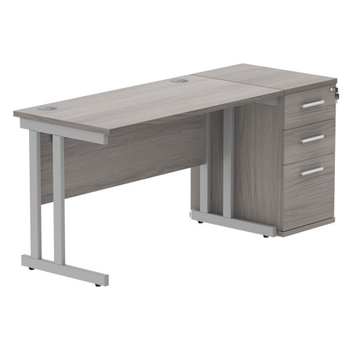 Double Upright Rectangular Desk + Desk High Pedestal (FSC) 1200X600 Alaskan Grey Oak/Silver