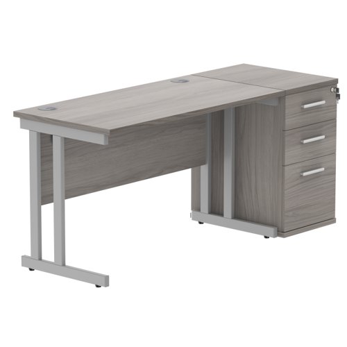 Double Upright Rectangular Desk + Desk High Pedestal 1200X600 Alaskan Grey Oak/Silver