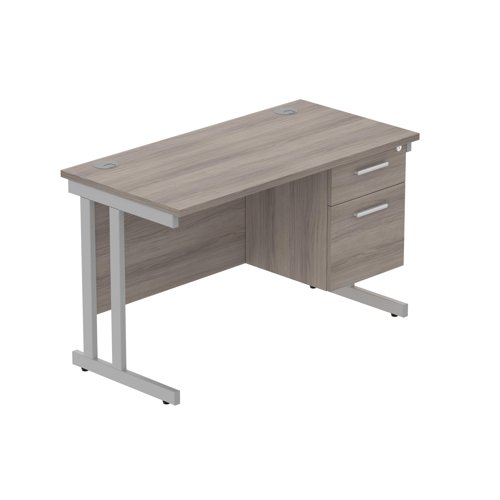 Office Rectangular Desk With Steel Double Upright Cantilever Legs + 2 Draw Fixed Pedestal   1200X600 Alaskan Grey Oak/Silver