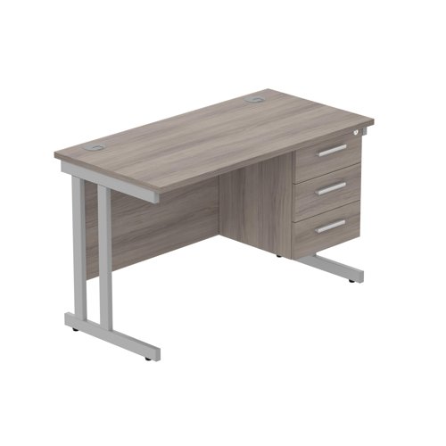 Office Rectangular Desk with Steel Double Upright Cantilever Legs + 3 Drawer Fixed Pedestal (FSC) 1200X600 Alaskan Grey Oak/Silver