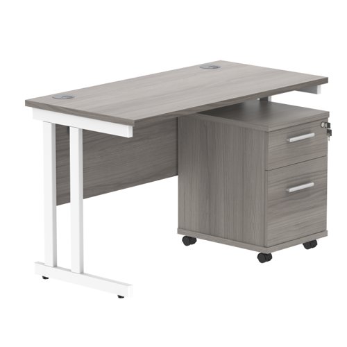 Double Upright Rectangular Desk + 2 Drawer Mobile Under Desk Pedestal 1200X600 Alaskan Grey Oak/White