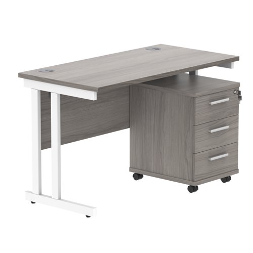 Double Upright Rectangular Desk + 3 Drawer Mobile Under Desk Pedestal 1200X600 Alaskan Grey Oak/White