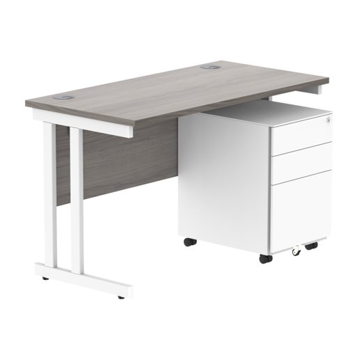 Double Upright Rectangular Desk + Under Desk Steel Pedestal 3 Drawers 1200X600 Alaskan Grey Oak/White